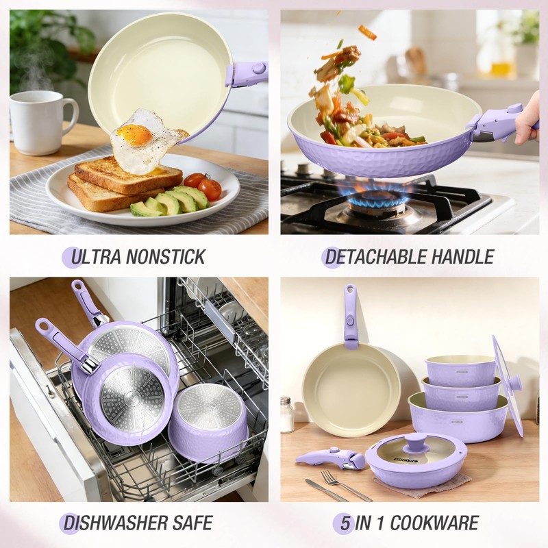 UMETRE pots and Pans Set, Ceramic Nonstick Cookware Set Detachable