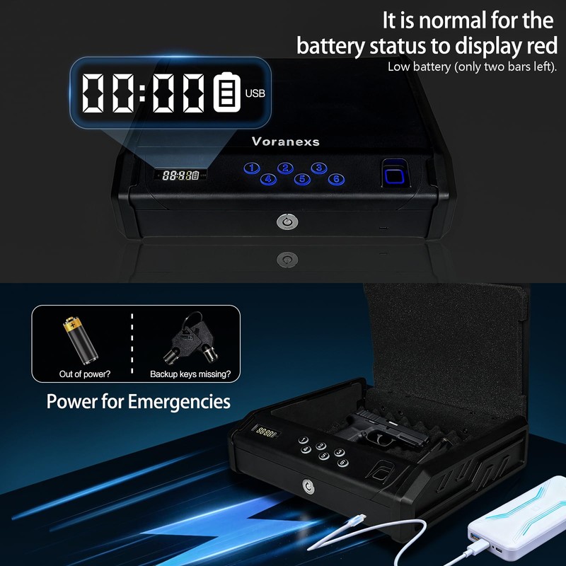 VORanexs gun safe，with 3 Quick-Access Fingerprint，Passcode，Key.with LCD Display，with Pistol Safe