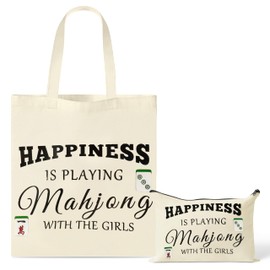 GioXtra Funny Mahjong Tote Makeup Bag Set - 2Pcs Happiness Mahjong Gifts Tote Shoulder Bag Travel Toiletry Zipper Cosmetic Organizer Pen Purse Pouch for Game Lover Player Women Birthday Gift Supplies