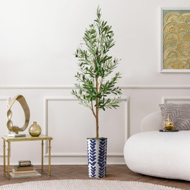 Artificial Tree in Modern Pattern Planter, Fake Olive Silk Tree for Indoor and Outdoor Home Decoration - 68" Overall Tall (Plant Pot Plus Tree)