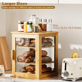 VA1KENE 3-Tier Bread Box for Kitchen Countertop – Large Capacity Bread Storage for Homemade, Bamboo Farmhouse Counter Breadbox Organizer with Acrylic Window, Adjustable, Carry Handle