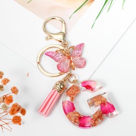 MWOOT Initial Letter G Keyrings Pink Keychain,Alphabet Petals Gold Foil Resin Key Ring Charm with Butterfly Tassel Pendant,Kawaii Key Chain for Women Adult Gift Wallet Purse Bag Handbag Decor(G)