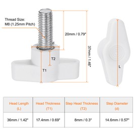 sourcing map 10pcs Wing Knobs M8 x 20mm Male Thread Plastic Tee Stud Knobs T Threaded Handles Hand Clamping Tightening Thumb Screws Thumbscrew, White