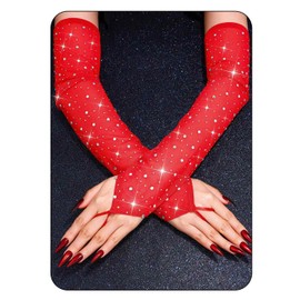 CASDRE Sparkly Rhinestone Long Mesh Gloves Fingerless Elbow Length Arm Sleeves Prom Costume Glove for Women (Red, One Size)