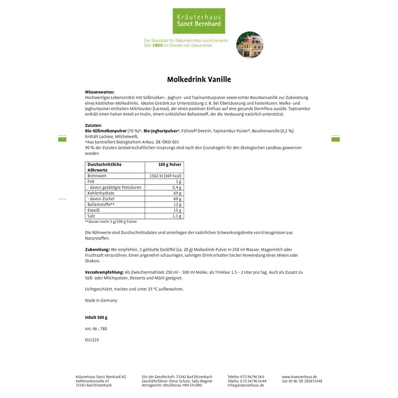 Sanct Bernhard whey drink vanilla with Jerusalem artichoke, real bourbon