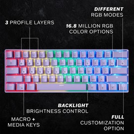 HK GAMING GK61s Mechanical Gaming Keyboard - 61 Keys Multi Color RGB Illuminated LED Backlit Wired Programmable for PC/Mac Gamer (Gateron Mechanical Yellow, Lavender)