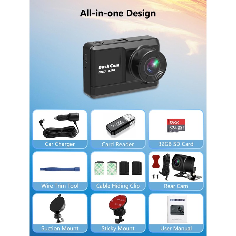Dash Cam Front and Rear, 2.5K+1080P Dual Dash Camera for