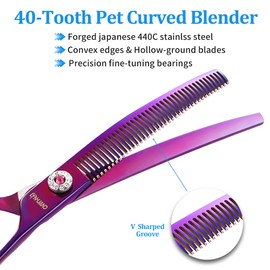 LYNHUAND 7" Professional Curved Thinning Scissors for Dog Grooming Sharp Blades Blending Shears Dog Grooming Scissors Japan 440C Stainless Steel Smooth Motion & Fine Cutting(Multicolored)