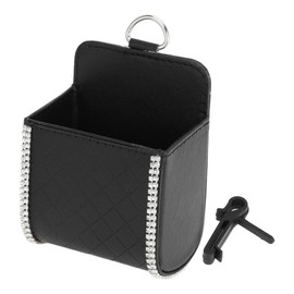 HOPESPANNER Universal 3.5" Length 2.4" Width 4.7" Height Car Trash Can Hanging Trash Bin Faux Leather Rhinestones 1Pc Black White