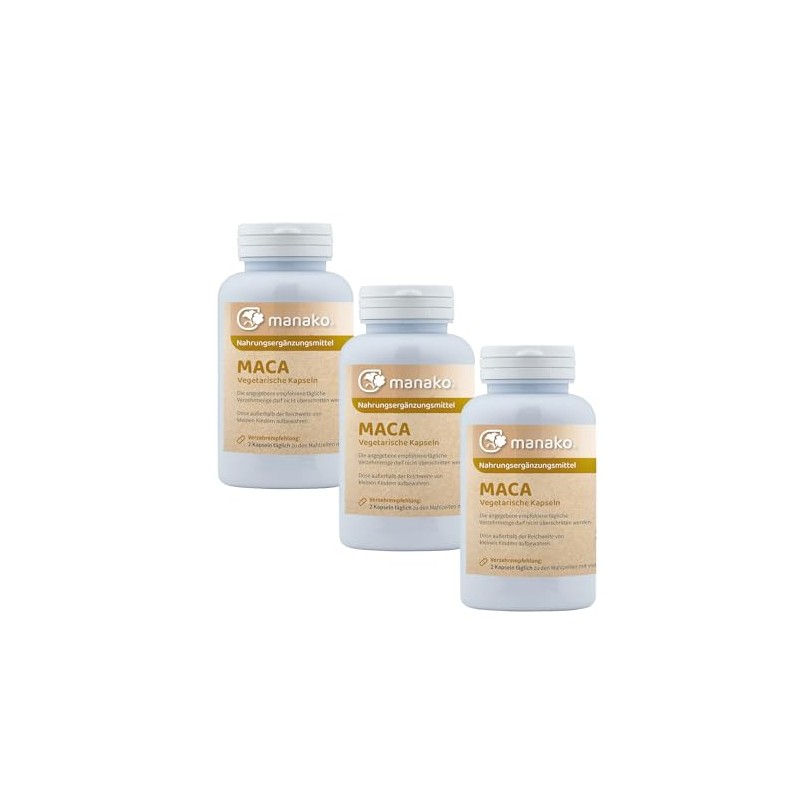 manako Maca Vegetarian Capsules, 3 x 120 Pieces, 66 g
