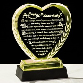Arikyrist 50th Wedding Anniversary Crystal Gifts for Couples, Romantic Heart Happy Golden Anniversary Keepsake Gift for Wife Parents with LED Light Base, 50 Years of Marriage for Her Him Party Decor