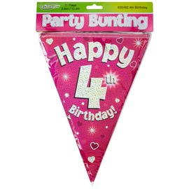 OAKTREE UK 630482 Party Bunting Happy 4th Birthday Pink Holographic 11 Flags 3.9m