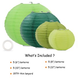 Newthinking 20PCS Hanging Paper Lanterns, 6" 8" 10" 12" Round Green Paper Lantern Decorations with Hanging Line for Weddings Decoration, Indoor and Garden Party Decorationation