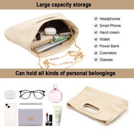 Long Keeper Straw Clutch Handbags - Women Top Handle Clutch Evening Bag Raffia Woven Summer Beach Purse Travel Crossbody Shoulder Bag with Chain (Beige)