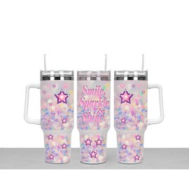 Smile & Sparkle Large Unisex 40oz Stainless Steel Travel Cup Tumbler Gift with Carry Handle, Lid and Straw