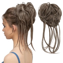 CJL HAIR Messy Bun Hair Piece Curly Hair Bun Extensions with Straight Tails Synthetic Hair Scrunchies Ponytail Hairpieces for Women Pepper Brown