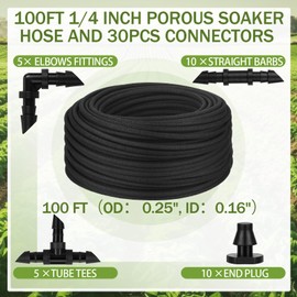 Innconee 1/4 Inch Soaker Hose Irrigation Hose Drip Hose for Garden Heavy Duty Drip Irrigation Tubing with Hose Connector Set or Watering Planters Flower Vegetable Lawn Yard Landscaping, Black (100 ft)