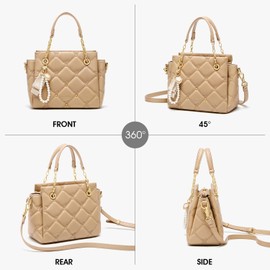 Cnoles Elegant Quilted Ladies Faux Leather Gold Chain Pearl Pendant & Shoulder Strap Designer Handbags, Apricot