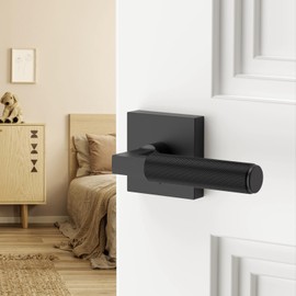 FILTA 1 Pack Matte Black Privacy Door Handles, Knurled Door Levers Interior Matte Black Door Lever Bathroom Door Knobs Heavy Duty Square Door Lock