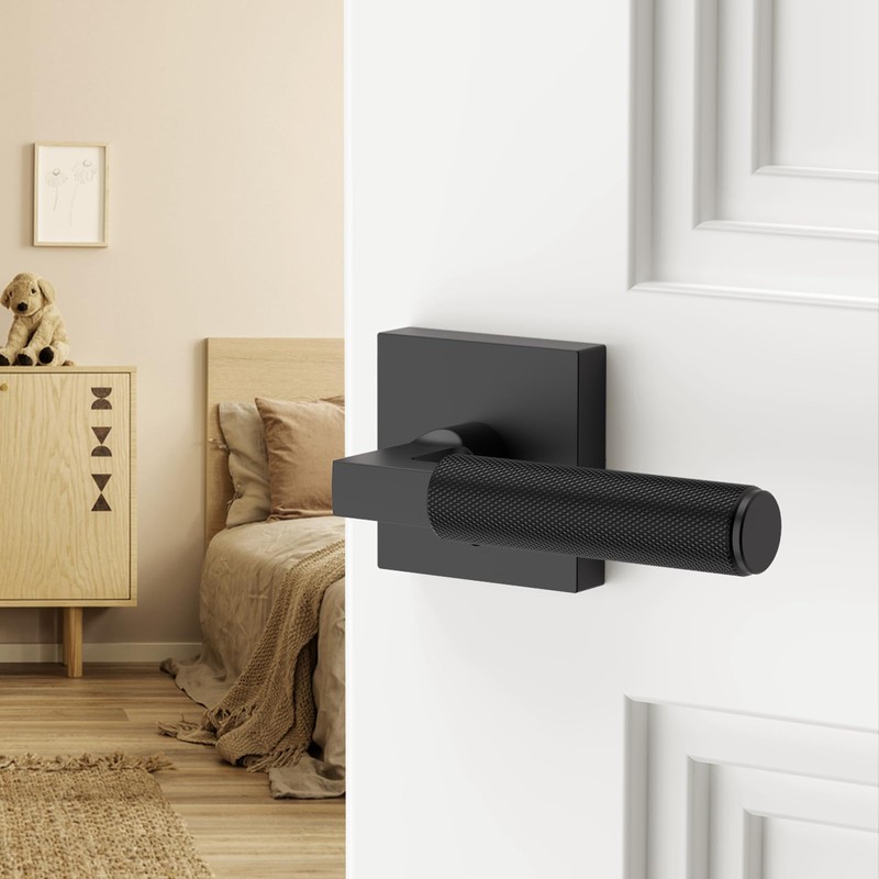 FILTA 1 Pack Matte Black Privacy Door Handles, Knurled Door