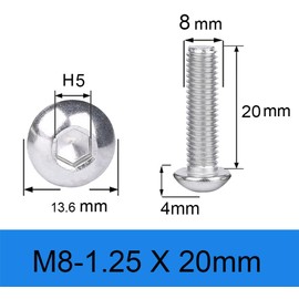 Metuja M8-1.25x20mm Button Head Socket Cap Bolts Screws（50pcs）, Stainless Steel, Full Thread, Silver, Allen Hex Drive
