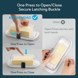 KITCHENDAO Large One-handed Butter Dish with Lid for Countertop, Airtight Butter Holder with One Press to Open/Close Secure Latching Buckle for East Coast/West Coast/European/Kerrygold Butter(White)