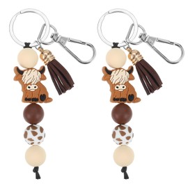 Yuanchu Cute Cow Keychains, Cattle Silicone Beaded Tassel Keyring Keychains Animal Keychains for Backpack Silicon Bead Key Chains for Car Keys