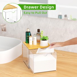 VITVITI Drawer Disposable Face Towel Holder Box, Acrylic Facial Towel Container for XL Clean Skin Club, Large Disposable Face Towels Storage with Bamboo Lid, for Bathroom, Vanity Makeup, Clear