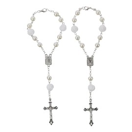 BYOBYO 2Pcs Car Rosary Mirror Rearview, Rose Beads Cross Hanging Accessories Mirror Interior Decors Car Accessories Parts for Car, Automotive, Vehicle(White)