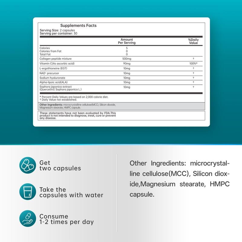 LuckDate NAD+ Supplement, Multi Collagen Peptides, L-ergothioneine, 60 Capsules -