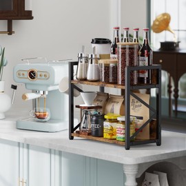 RUILALIFE Coffee-Bar-Station-Organizer Shelf for Countertop, 2 Tiers Kitchen Counter Shelf, Wooden Spice Rack Organizer,Space Saving Desk Shelf Riser Unit, Coffee Bar Accessories(Rustic Brown, Large)