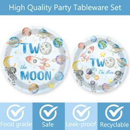 124pcs Two the Moon Birthday Party Supplies - Outer Space Two Party Plates Napkins Cups Forks Tablecloths Space Astronaut Banner Hanging Swirls for Boys 2nd Birthday Decorations(20 Guests)
