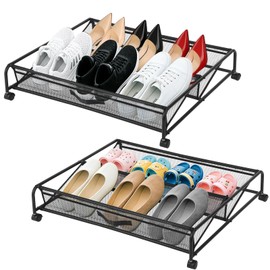 AIHSUMC Under Bed Shoe Storage Organizer, 2-Pack Metal Mesh Storage Drawers with Wheels – Rolling Underbed Shoe Organizer for Space Saving Bedroom Organization (Black)