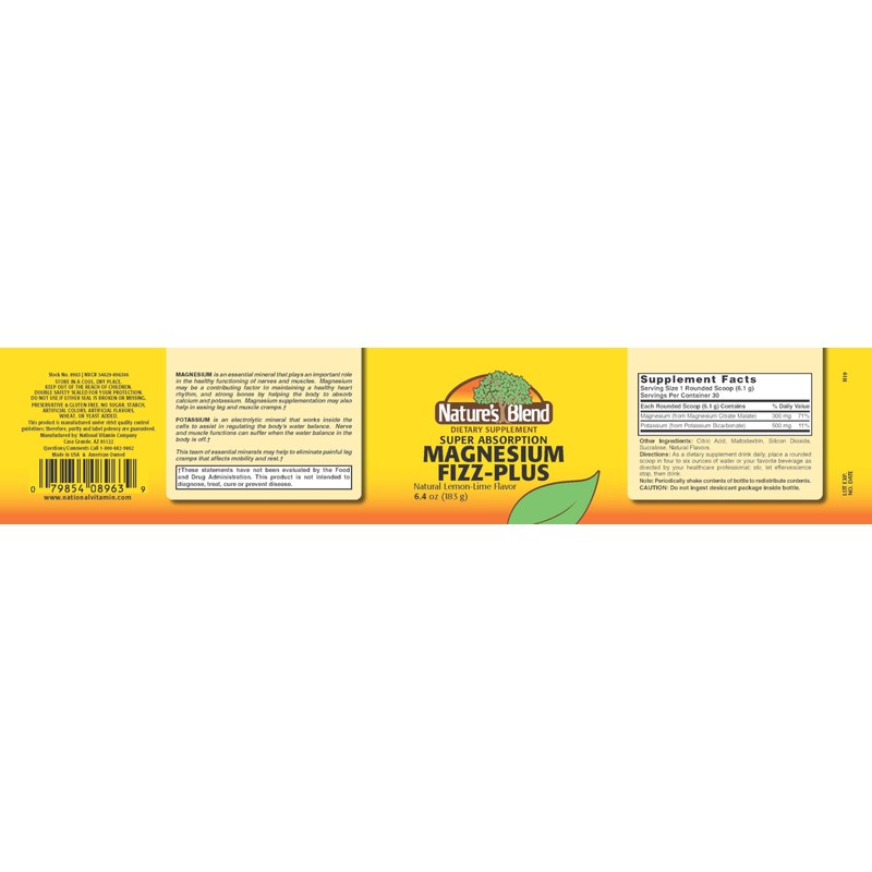 Nature's Blend Magnesium Fizz-Plus Lemon-Lime Flavor 6.4 oz Powder