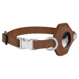 BUDKAS Leather Cat Collar with Airtag Holder - Non Breakaway Soft Adjustable Airtag Dog Collar with Metal Buckle - GPS Tracking Pet Collar for Small Dogs Puppy Cats (Cinnamon, XXS, 8"-11" Neck Fit)