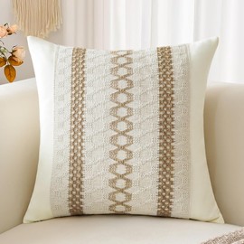 Sungeek Boho Decorative Cushion Cover 50x50cm, Cotton & Burlap Textured Striped Woven Bohemian Farmhouse Throw Pillow Cover Pillowcase for Sofa Couch Living Room, Triple Striped, 1 PCS