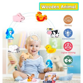 Pack of 12 Wooden Puzzles, Farm Animals Puzzle from 3 Years, Wooden Toy Puzzle, Plug-in Puzzle Gift for Children, Children's Puzzle, Wooden Grabbing Puzzle, Animals, Educational Toy for Boys and Girls