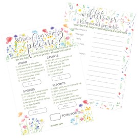 DISTINCTIVS Little Wildflower Girl Baby Shower Party Games - What's On Your Phone and Word Scramble (2 Game Bundle) - 20 Dual Sided Cards - Baby in Bloom Party Supplies