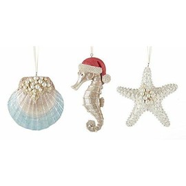 Delton Beach Coastal Christmas Tree Ornaments Set 3 Starfish Clam Shell Seahorse