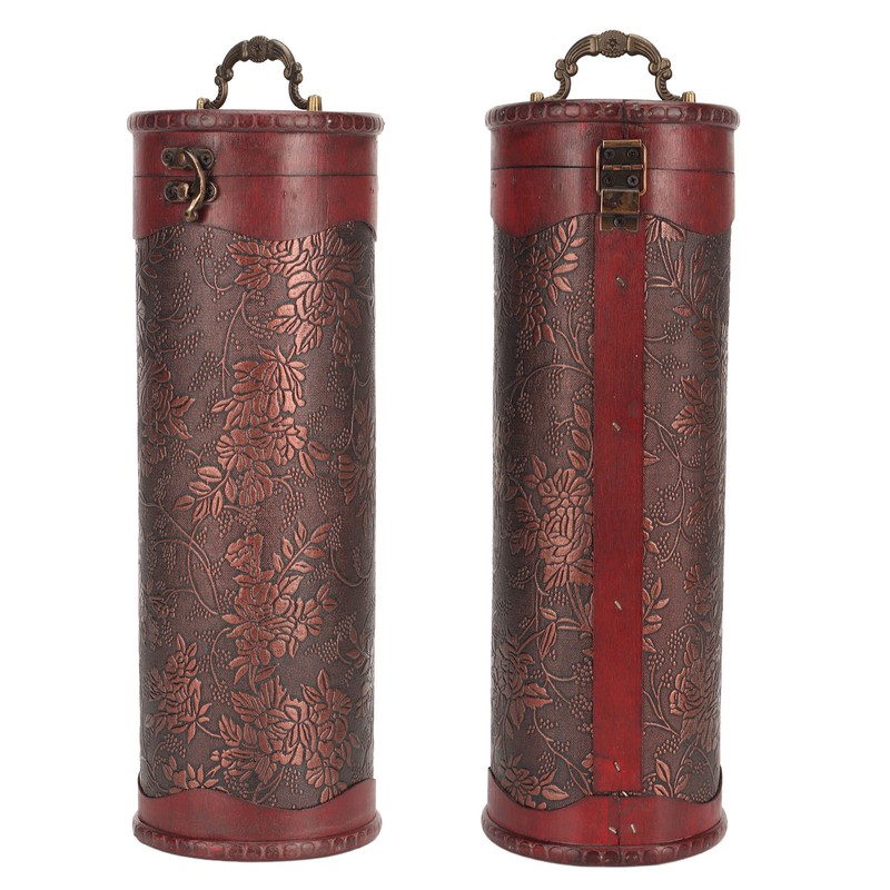 Antique Finish Wooden Wine Bottle Box Grape Pattern Artificial Leather