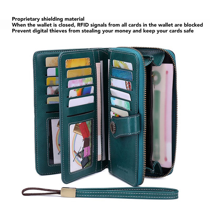 RFID Blocking Leather Wallet Large Capacity Double Snap Button Women