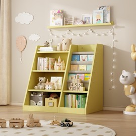 Yellow Wooden Toy Organizer Cabinet Kids Bookshelf