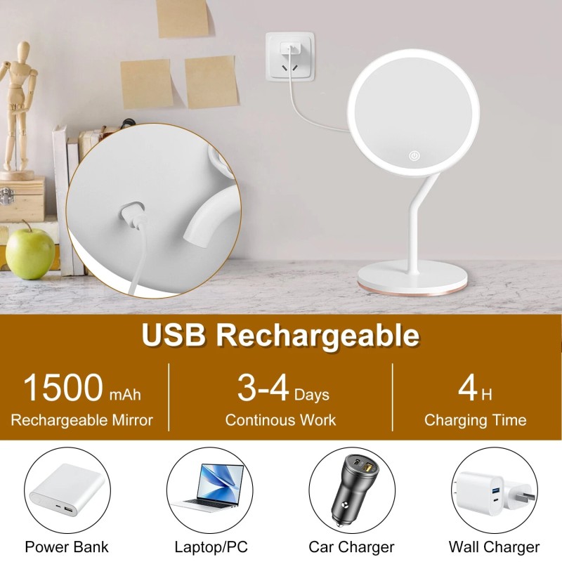 Laromni 5X Magnifying Lighted Makeup Mirror USB Rechargeable Dimmable Vanity