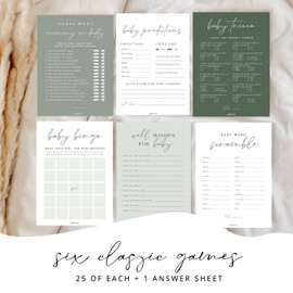 Baby Shower Games - 6 Fun Baby Shower Games for Girl or Boy, 25 Guests, Double-Sided Cards, Sage Green