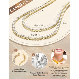 CASSIECA Tennis Necklace for Women Gold Necklace Cubic Zirconia Cut Faux Diamond Chain Necklace Choker 41cm with 5cm Extender