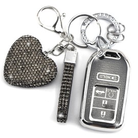 YIKECASE Key Fob Cover with Diamond Keychain Car Key Holder Compatible with Honda Accord Civic CRV Pilot Ridgeline Passport (2016-2022) Smart Remote Key Protector for Women, 5 Buttons (Black-Heart)