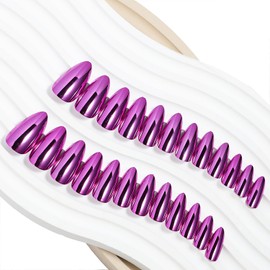 24 Pcs Purple Chrome Press on Nails Almond Medium Fake Nails with Nail Glue Nude Full Cover False Nails Holiday Nails Press ons Natural Reusable Stick on Nails for Women Girls Daily Party Wear