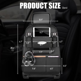 ZNDAW 2PCS Car Seatback Organizer, Waterproof Leather Seat Back Storage with Cup Holder Tissue Holder Multiple Pockets, Back Seat Protector Kick Mats for Kids, Travel Accessories (Black)