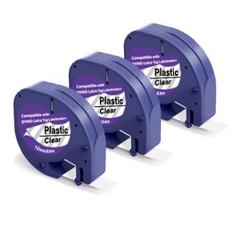 3 x Compatible with Dymo Label Tape, Transparent as Replacement for Dymo Letratag, Plastic Clear Label Tape, 12 mm x 4 m Plastic Transparent Tape for LT-100H LT-100T LT-110T XR