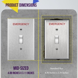 ENERLITES Toggle Light Switch Metal Cover Plate with Emergency Label, Stainless Steel Wall Plate, Corrosion Resistant, Mid-Size 1-Gang 4.88" x 2.11", 430 Stainless Steel, 7711M-E, Silver